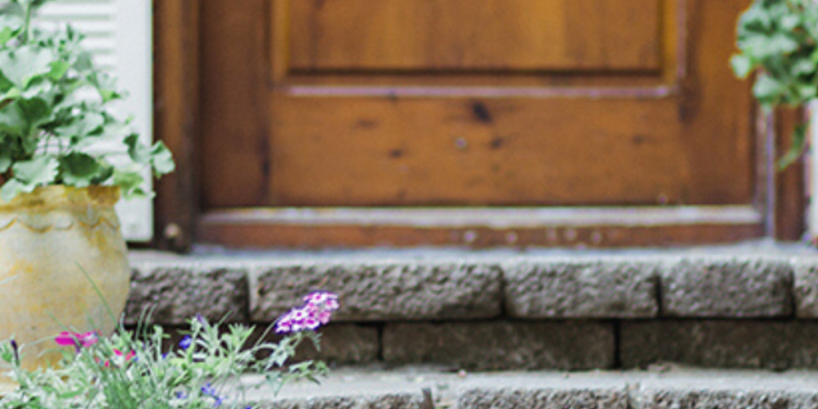 Flowers and stone steps by wooden door.