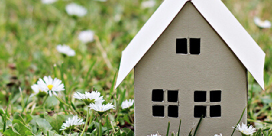 Small house model in field of daisies.