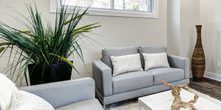 Modern living room with grey sofas.