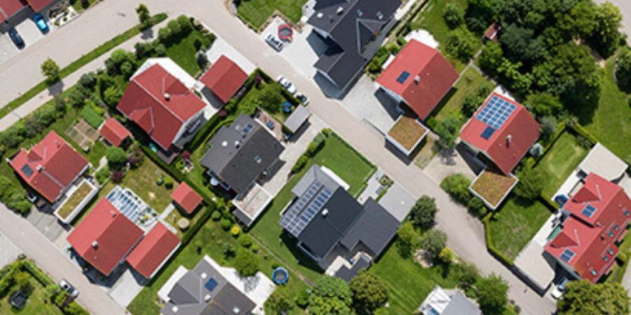 Aerial view of a residential neighborhood.