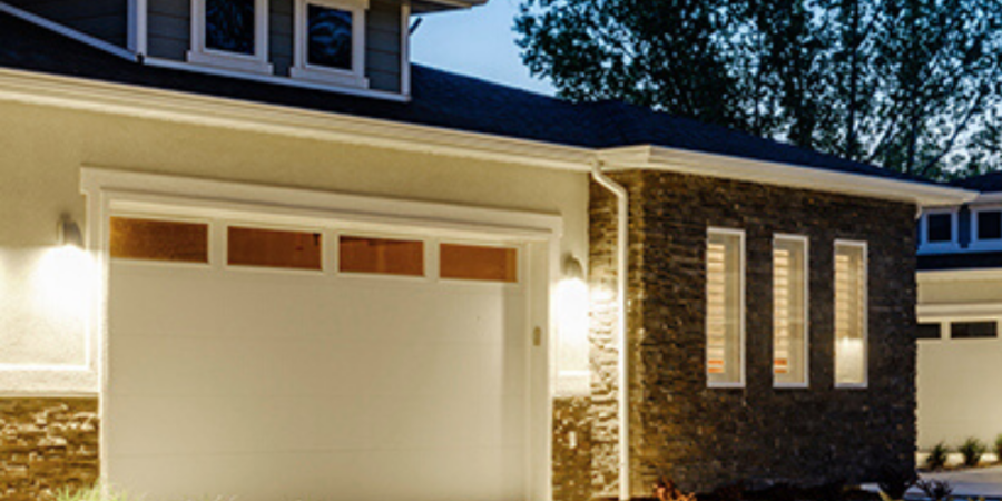 Modern house exterior at night.