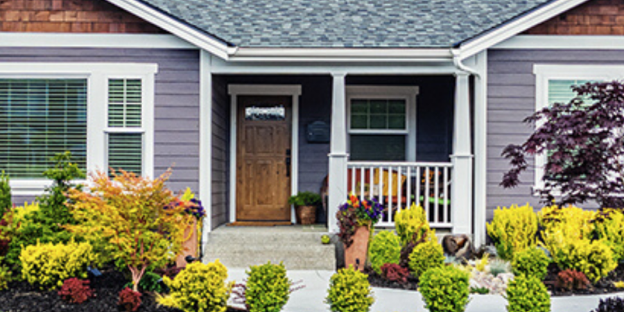 Purple house with landscaped yard.