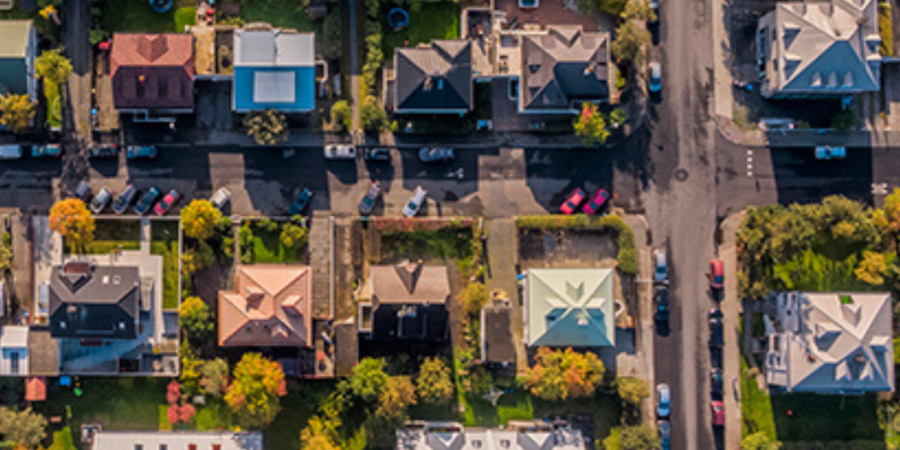 Aerial view of residential neighborhood.