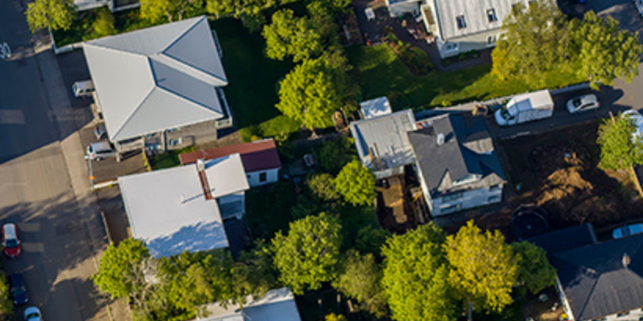 Aerial view of suburban neighborhood.