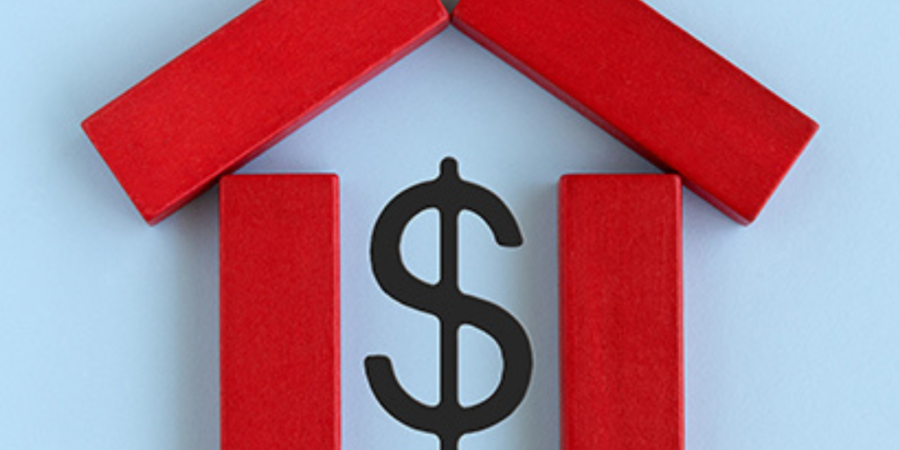 Here's an 8-word alt tag for the image: Red blocks forming house shape around dollar sign.