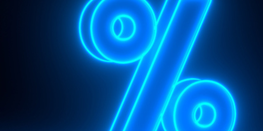 Neon blue percentage sign symbol.