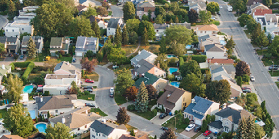 Aerial view of suburban neighborhood.