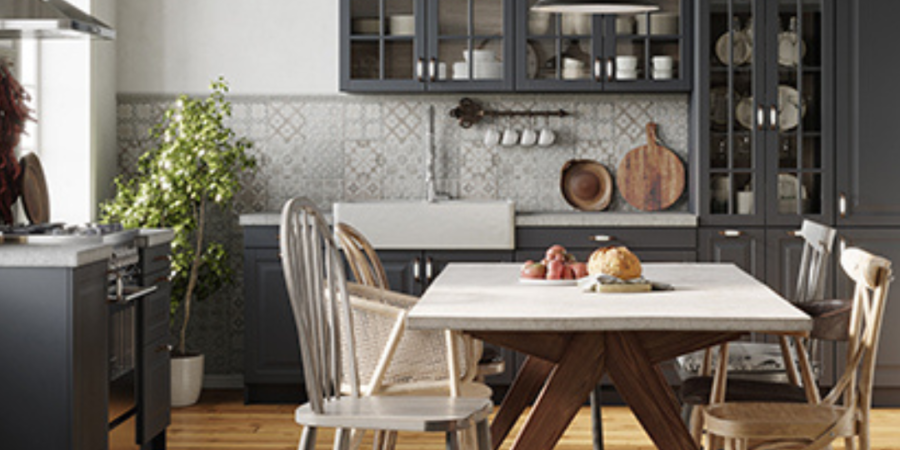 Modern kitchen with farmhouse dining table.