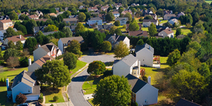 Aerial view of suburban neighborhood.