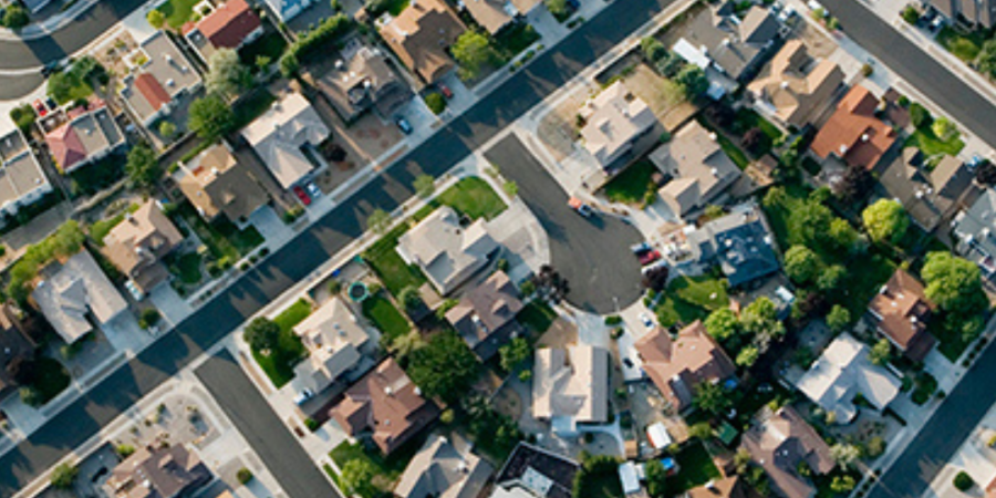 Aerial view of suburban neighborhood.