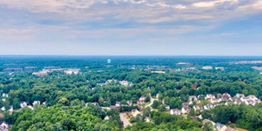 Aerial view of suburban neighborhood.