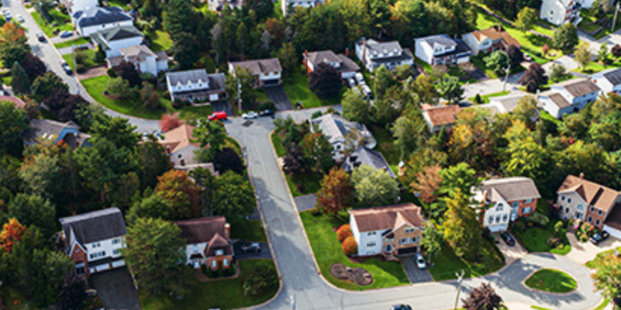 Aerial view of suburban neighborhood.