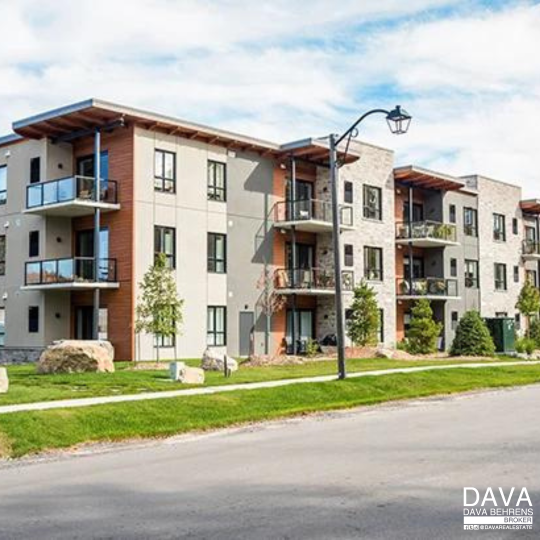 Modern apartment building with balconies.