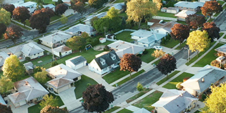 Aerial view of suburban homes.