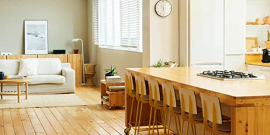 Modern open-plan apartment interior.