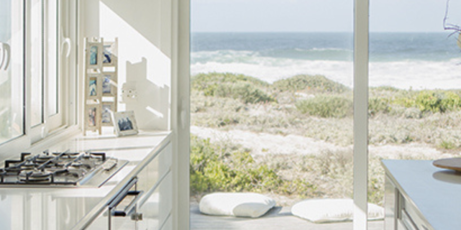 Beachfront kitchen with ocean view.