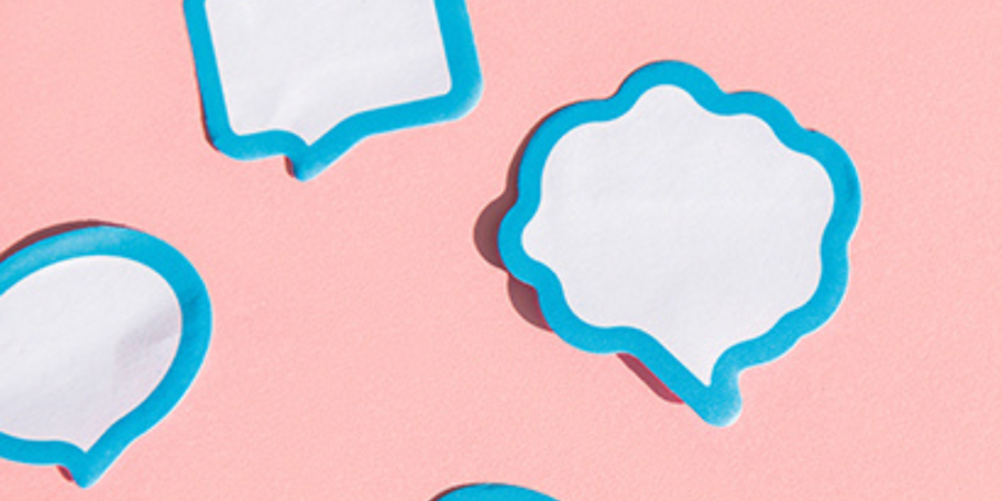 Blue speech bubbles on pink background.