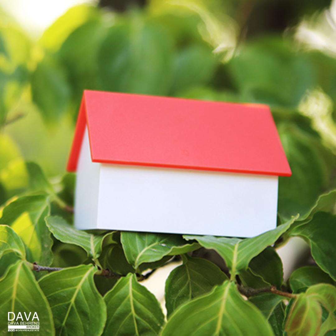 Small house model in green foliage.