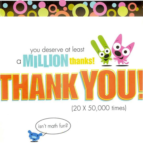 Colorful thank you message with playful characters.