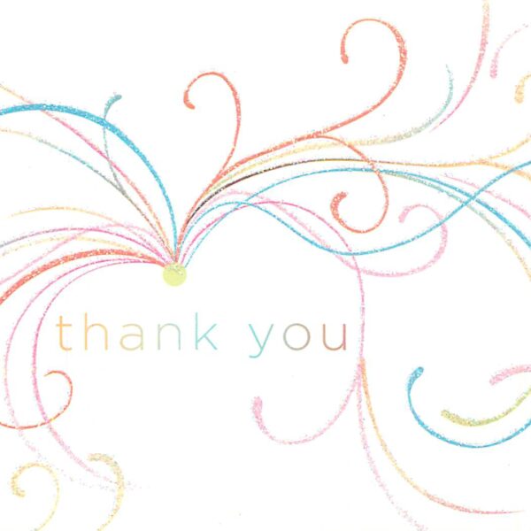 Colorful "thank you" design with swirls.
