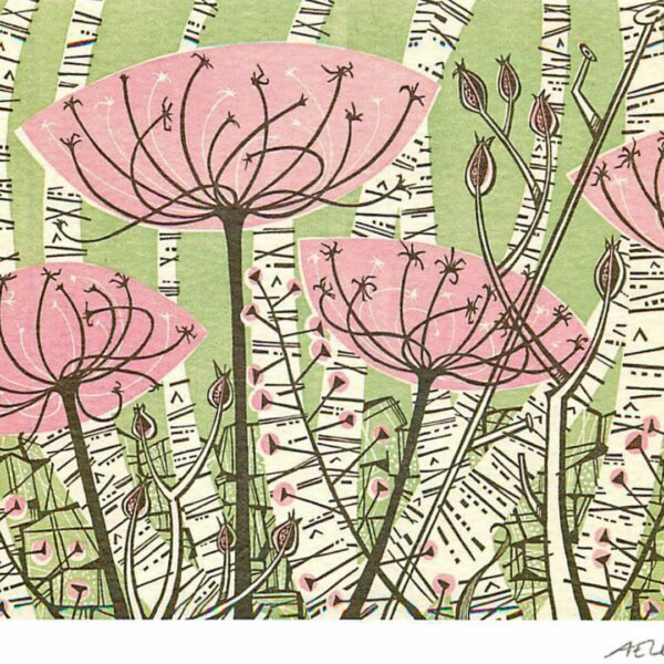 Colorful flowers and trees in a stylized design.