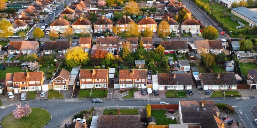 Aerial view of suburban residential neighborhood.