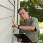 Person inspecting a house exterior closely.