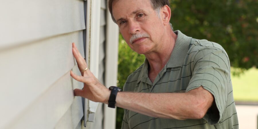 Person inspecting a house exterior closely.