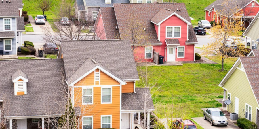 Colorful suburban homes, aerial view.