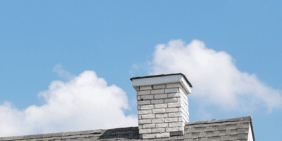 White brick chimney on gray roof.