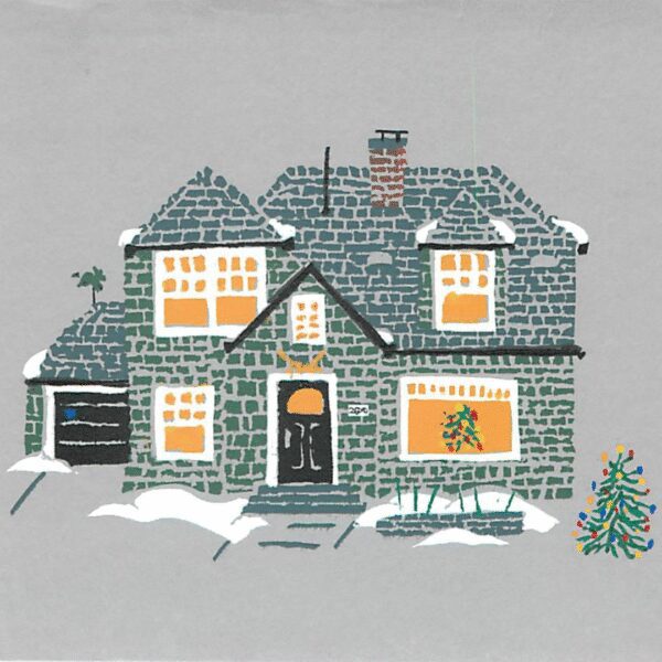Snowy house illustration with Christmas decorations.