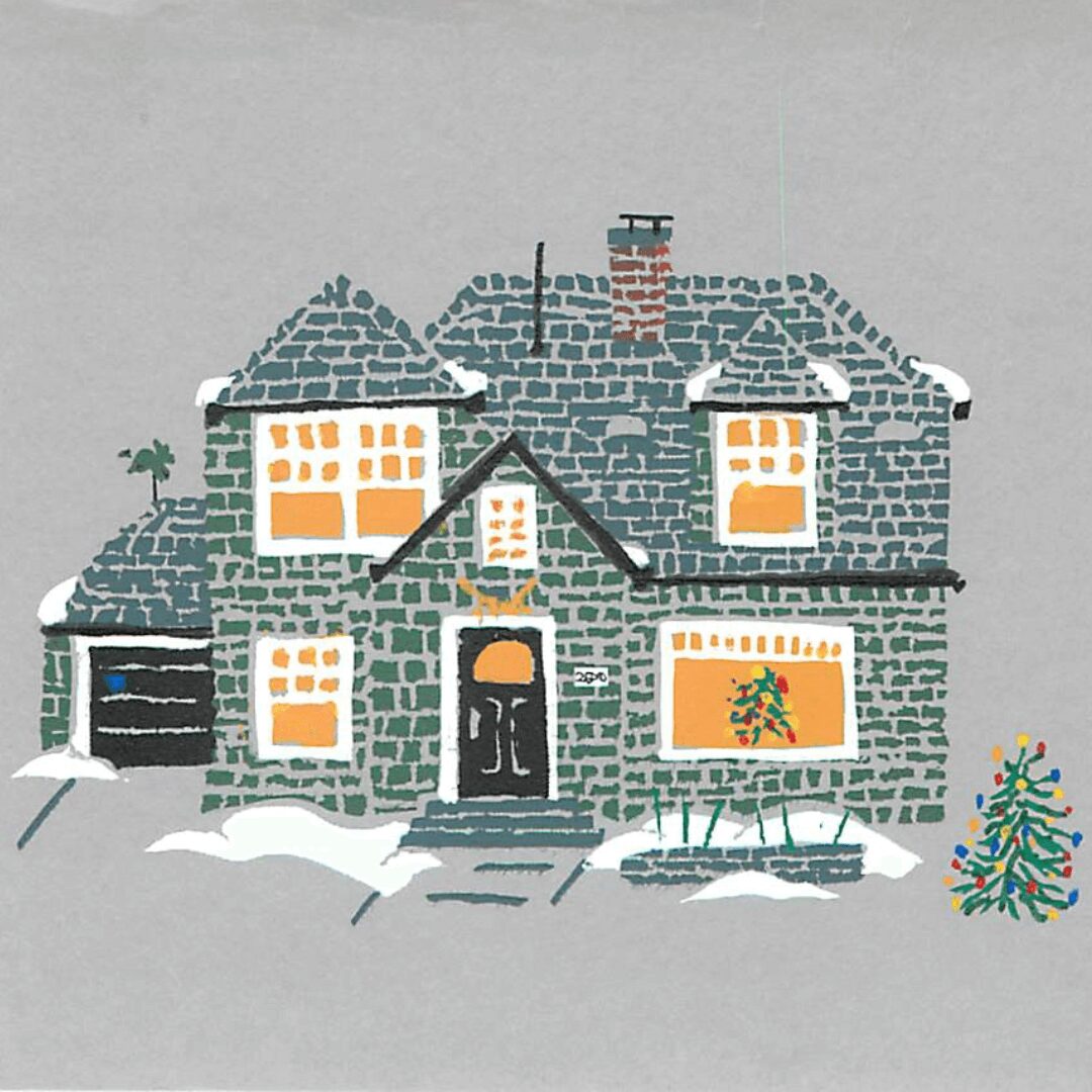 Snowy house illustration with Christmas decorations.