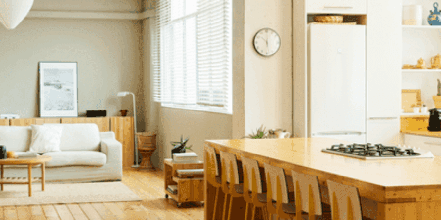 Open-plan kitchen and living room space.