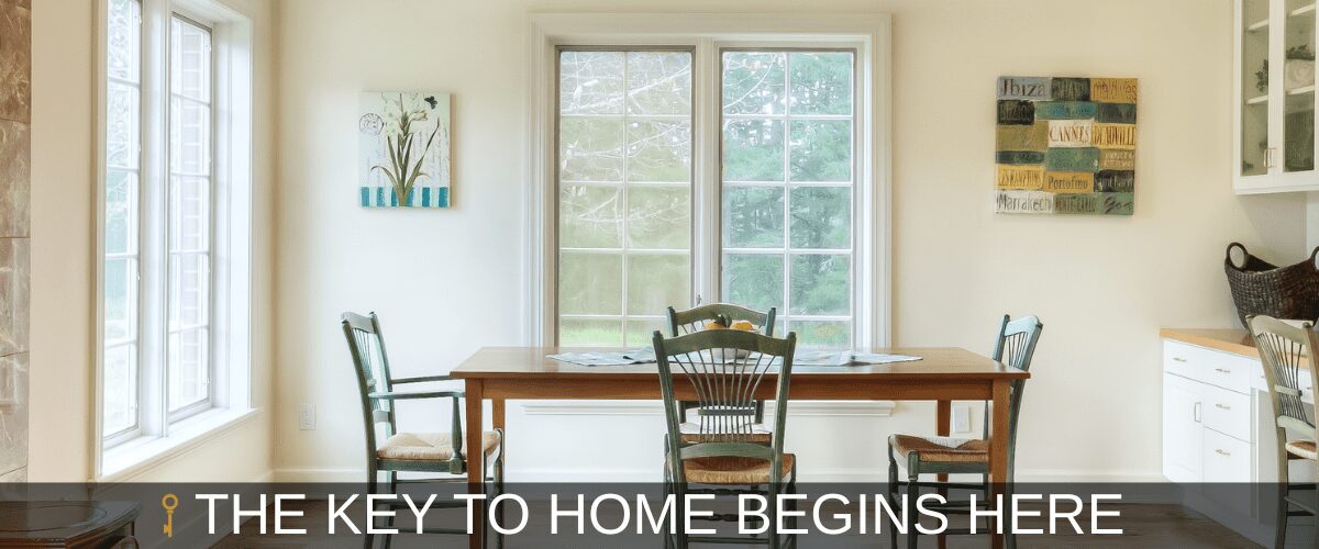 Dining area with table and chairs.