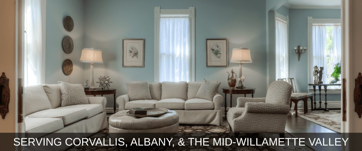 Elegant living room with light blue walls.